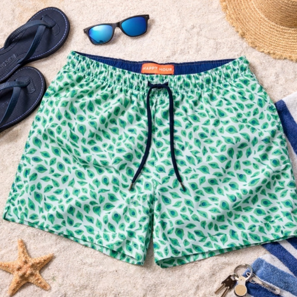 Happy Hour Swim Trunks Mens XL Peacock Green Blue Elastic Waist 32 x 4